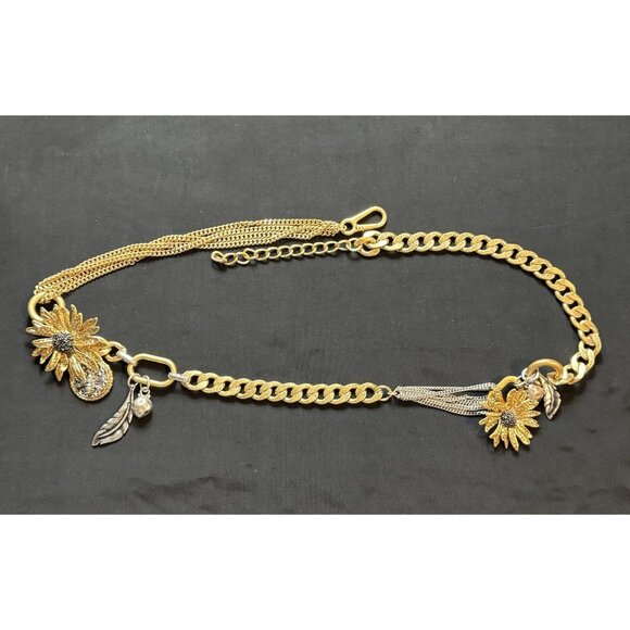 ZARA Gold Tone Chain Belt Sunflower Charms Coin Feather Statement 40” Runway - Picture 8 of 9